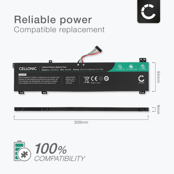 Akku tietokoneeseen Lenovo Legion 7, 7 15IMH05, 7 15IMHg05, 7 15IMH05H, Legion 5, 5 17ARH05H, Lenovo L19C4PC2, L19M4PC2, L19C4PC1 - 15.4V 5180mAh tuotemerkiltä CELLONIC