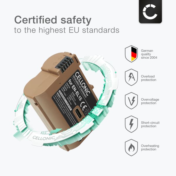 Battery with Type-C input  for Nikon D850 D750 D7500 1 V1 D810 D800 D7100 D7000 EN-EL15 2250mAh from CELLONIC