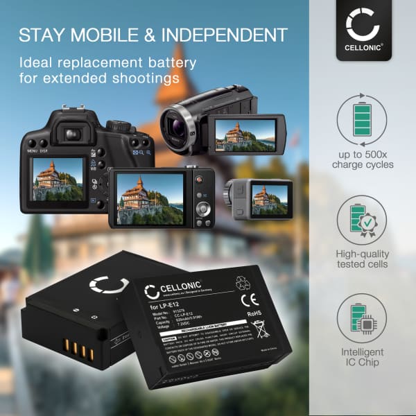 2x Akku kameraan Canon M50 M100 100D M10, PowerShot SX70 HS, Rebel SL1, LPE12 - LP-E12 (820mAh, 7.4V) tuotemerkiltä CELLONIC
