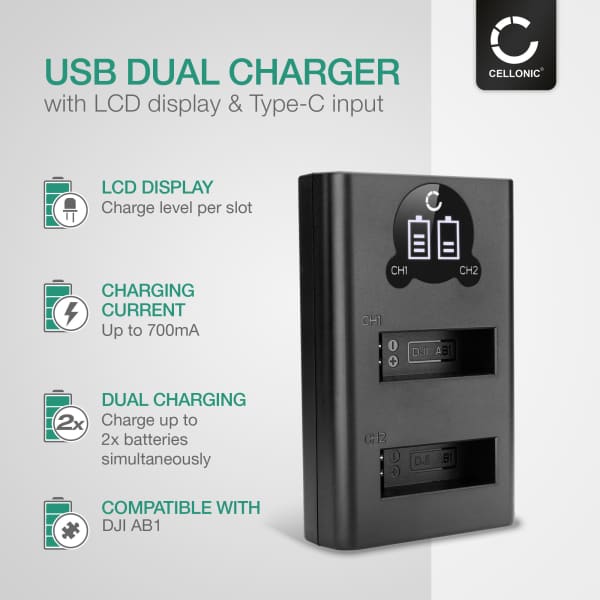 USB-kaksoislaturi (AB1, P01, PT1) DJI Osmo Action 1, CP.OS.00000020.01-laitteille + 1m + USB Kaapeli valmistajalta CELLONIC