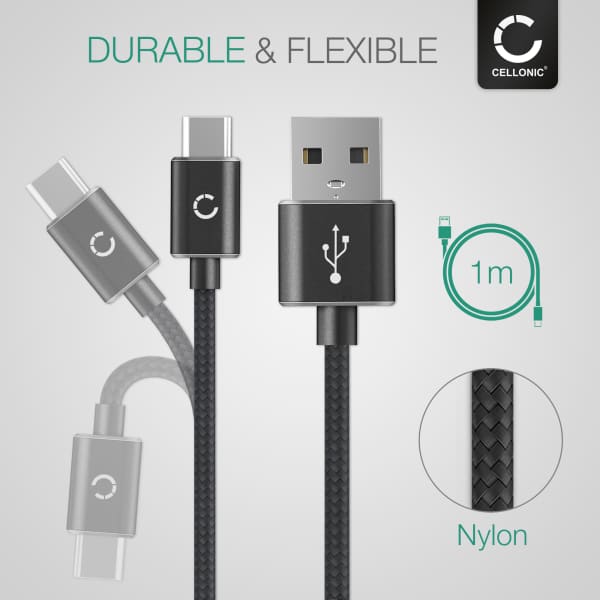 USB-johto tablettiin Medion LifeTab X10605 / P10606 / X10607 / P10612 (MD61224 / MD60526 / MD60655) - USB C Type C, 1m latausjohto. Musta Nylon USB-kaapeli