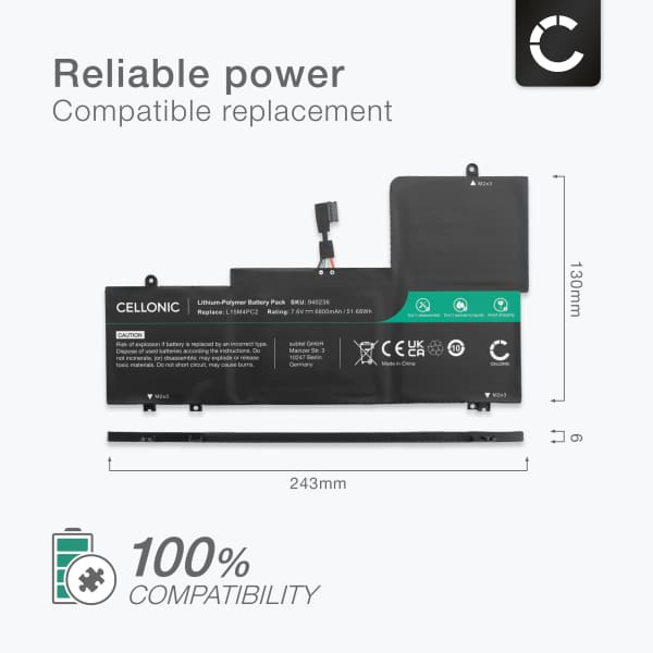 Battery for Lenovo Yoga 710-14IKB, 710-14ISK, 710-15IKB, 710-15ISK 7.64V 6800mAh from CELLONIC