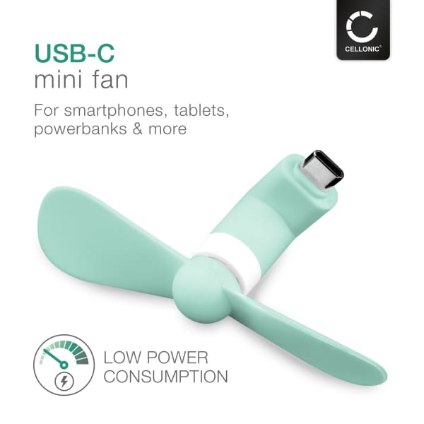 CELLONIC USB C Phone Fan for Smartphone, Mobile Phone, Tablet, Switch - Cute & Powerful Type C OTG Plug In Mobile Fan - Mini, Portable Travel Fan - turquoise