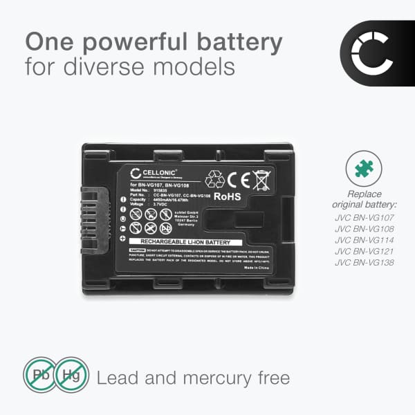 2x Akku kameraan JVC GZ-HM650 GZ-MG750 GZ-MS110 GZ-MS210 GZ-MS215 GZ-MS216 - BN-VG107 -VG108 -VG114 -VG121 (4450mAh, 3.7V) tuotemerkiltä CELLONIC