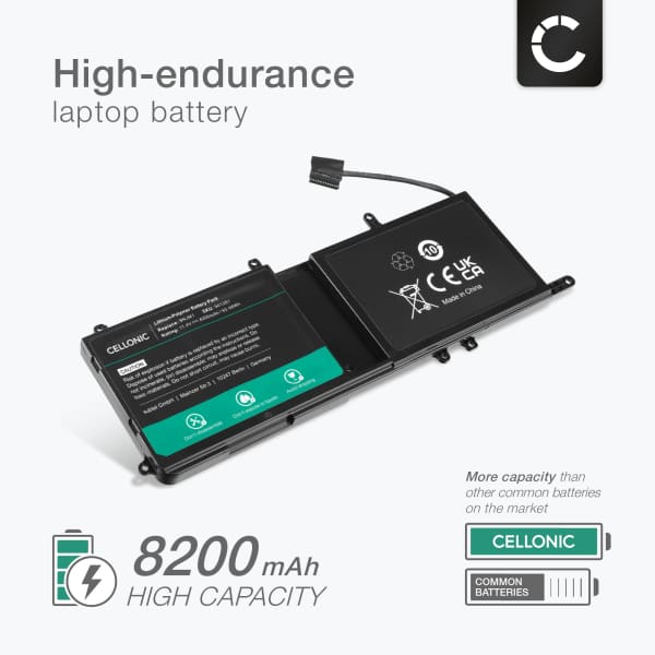 Akku tietokoneeseen Dell Alienware 17 r5, 17 r4, 15 R4, 15 R3, 15, P31E, HF250, 9NJM1, MG2YH, 01D82, 44T2R - 11.4V 8200mAh tuotemerkiltä CELLONIC