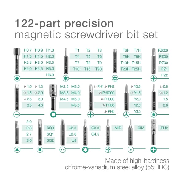 Ruuvimeisselisarja 122 osaa, ruuvimeisseli, irtokärjet ja avaustyökalut - phillips, ura, torx, imukuppi, pinsetit ynm. Tarkkuustyökalut säilytyslaatikossa