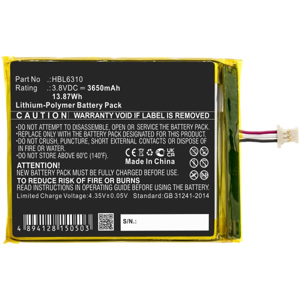 HBL6310 Battery for Unitech EA500 EA502 EA506 EA508 Urovo i6310 i6310B i6310C i6310i i6310M7 MDE Barcode Scanner Battery Replacement - 3650mAh 3.8V Lithium Polymer HBL6310 Battery for Unitech EA500 EA502 EA506 EA508 Urovo i6310 i6310B i6310C i6310i i6310M7 MDE Barcode Scanner Battery Replacement - 3650mAh 3.8V Lithium Polymer