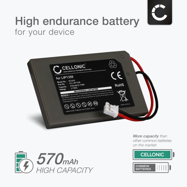 LIP1359 Battery for Sony PlayStation 3 Controller, PS3 Dualshock (CECHZC2A,CECHZC2E,CECHZC2H,CECHZC2J,CECHZC2U) Handheld Console Gaming Controller Battery Replacement - 570mAh 3.6V - 3.7V Lithium Ion