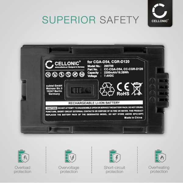 2x Akku kameraan Panasonic NV-GX7, NV-RX11, NV-EX3, NV-DS38, NV-DS20, NV-GS5, NV-DS77 - CGA-D54 CGR-D120 -D220 (2200mAh, 7.4V) tuotemerkiltä CELLONIC