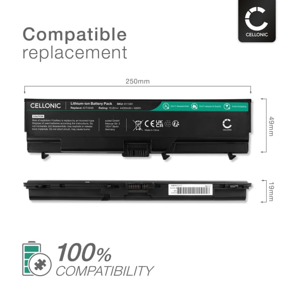 Battery for Lenovo ThinkPad T430, T420, T410, T510, T520, W520, Edge E520, 14, 15, E420, Lenovo 0A36302 10.8V 4400mAh from CELLONIC