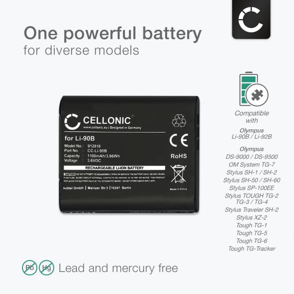 2x Akku kameraan Olympus Stylus XZ2, SH2, SH50, SH60, TOUGH TG Tracker, TG1, TG2, TG3, LI90B - Li-90B Li-92B (1100mAh, 3.6V) tuotemerkiltä CELLONIC