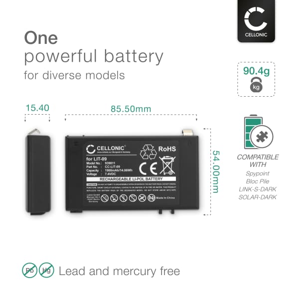 Akku kameraan Spypoint LINK-S-DARK, Spypoint SOLAR-DARK, Spypoint Bloc Pile - LIT-09 (1900mAh, 7.4V) tuotemerkiltä CELLONIC