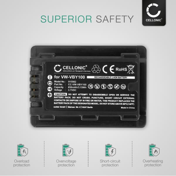 2x Battery for Panasonic HC-V110, HC-V130, HC-V201 VW-VBY100 (850mAh, 3.7V) from CELLONIC