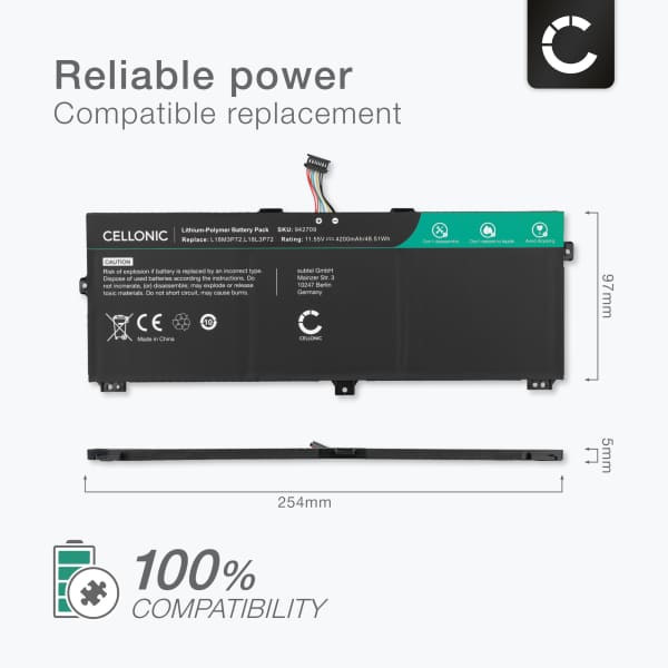 Battery for Lenovo ThinkPad X13 Yoga, X390 Yoga, Lenovo 5B10W13927, 5B10W13928, L18L3P72 11.55V 4200mAh from CELLONIC
