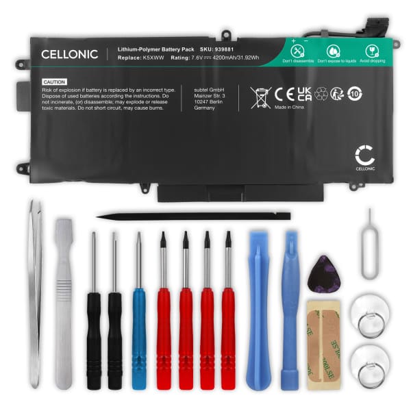 Battery for Dell Latitude 12 5289, E5289 2-in-1 Series, E5289, 7389 2-in-1 Series, L3180 Series, Dell K5XWW, N18GG, 725KY 7.6V 42000mAh + Tool-kit from CELLONIC Battery for Dell Latitude 12 5289, E5289 2-in-1 Series, E5289, 7389 2-in-1 Series, L3180 Series, Dell K5XWW, N18GG, 725KY 7.6V 42000mAh + Tool-kit from CELLONIC