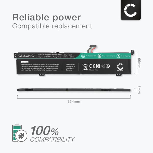 Battery for Lenovo IdeaPad Gaming 3, ThinkBook 15p Gen 1, IdeaPad Creator 5 15IMH05, L19M3PF7, L19D3PF4, L19M3PD9 11.4V 4100mAh from CELLONIC