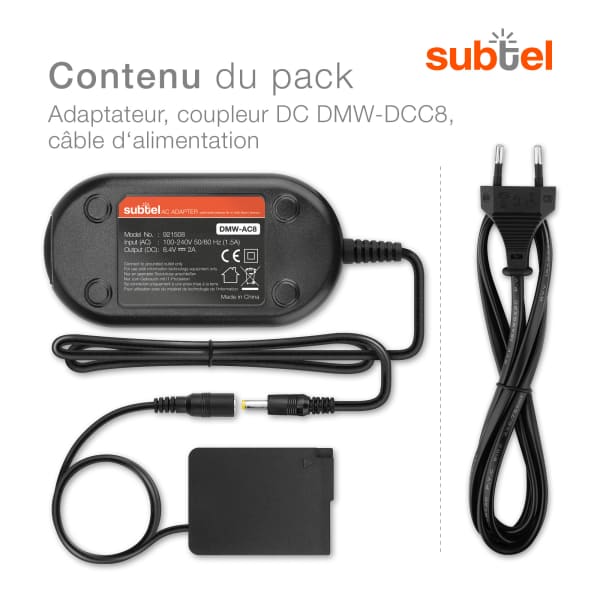 Chageur AC Panasonic Lumix FZ1000 II FZ300 FZ200 FZ2000 G70 G6 - Dummy Battery DMW-AC8 + DMW-DCC8 avec Câble de ca. 3m de subtel