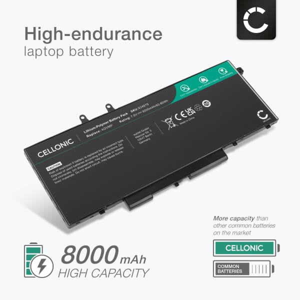 Akku tietokoneeseen Dell Latitude 14 5400 Series, 5400, 14 5410 Series, 14 5500 Series, 5510 Precision 3540 Series, 3540, Inspiron 15 7590 - 7.6V 8000mAh tuotemerkiltä CELLONIC