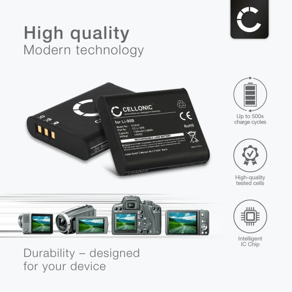 2x Akku kameraan Olympus Stylus XZ2, SH2, SH50, SH60, TOUGH TG Tracker, TG1, TG2, TG3, LI90B - Li-90B Li-92B (1100mAh, 3.6V) tuotemerkiltä CELLONIC