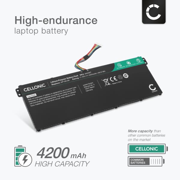 Battery for Acer Aspire 5 A515, 5 A517-52, Vero 16 AV16, Chromebook 314 C933T, 315 CB315-1H, Travelmate B1 B118-M, Swift 1 SF114-34, AP18C4K 11.55V 4200mAh from CELLONIC