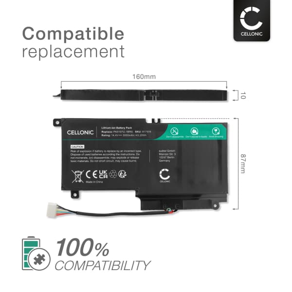 Battery for Toshiba Satellite L50-A, L55-A, L50T-A, P50-A, L50DT-A, S50-A, P50-B, S50DT-A, S50T-A, L50D-A, PA5107U-1BRS, P000573230 14.4V 3000mAh + Tool-kit from CELLONIC