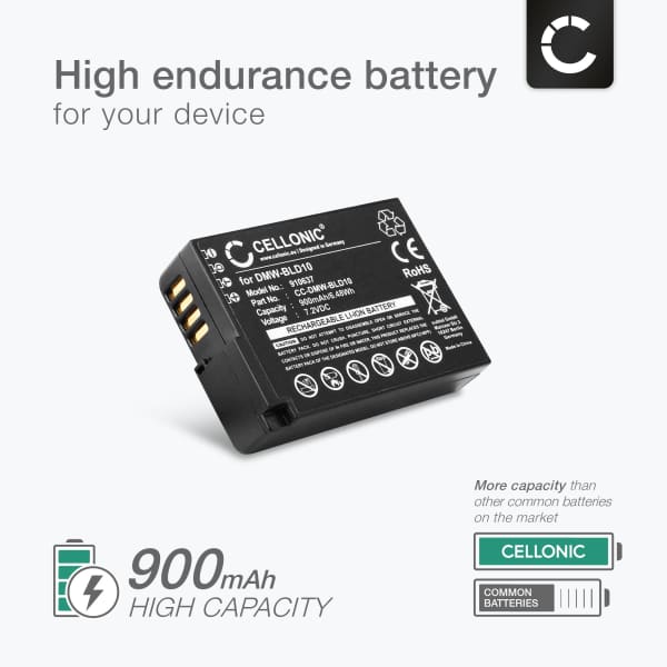 2x Battery for Panasonic Lumix DMC-GX1 Lumix DMC-G3 Lumix DMC-GF2 Lumix DMC-ZS7 Lumix DMC-TS2 DMW-BLD10 (900mAh, 7.2V) from CELLONIC