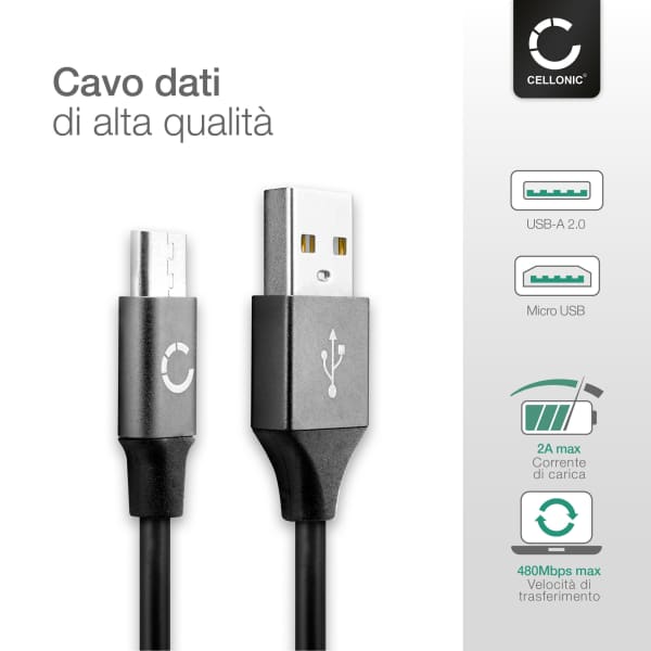 Cavo USB con connettore Micro USB per fotocamera Polaroid Cube Cube Wi-Fi PD-G55H PD-S53H Filo lungo 2m ricarica 2A cavetto dati in piacevole PVC grigio