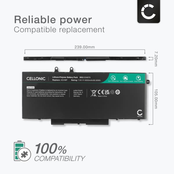 Akku tietokoneeseen Dell Latitude 14 5400 Series, 5400, 14 5410 Series, 14 5500 Series, 5510 Precision 3540 Series, 3540, Inspiron 15 7590 - 7.6V 8000mAh tuotemerkiltä CELLONIC