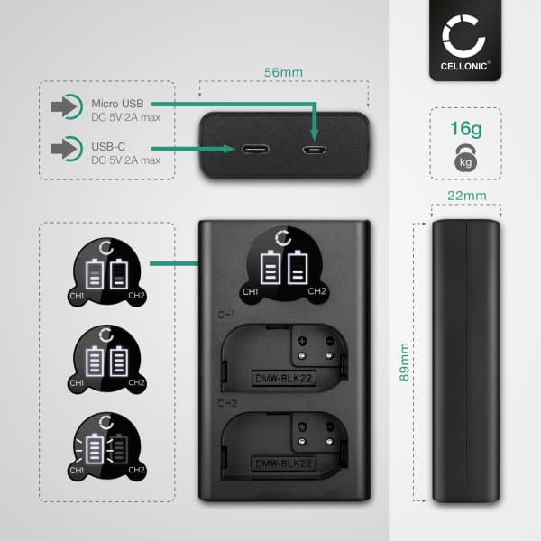 Caricatore USB doppio (DMW-BLK22) per Panasonic Lumix DC-GH5 II DC-GH6 DC-S5 G9 GH5S + 1m + Cavo USB di CELLONIC