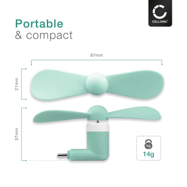CELLONIC USB C Phone Fan for Smartphone, Mobile Phone, Tablet, Switch - Cute & Powerful Type C OTG Plug In Mobile Fan - Mini, Portable Travel Fan - turquoise