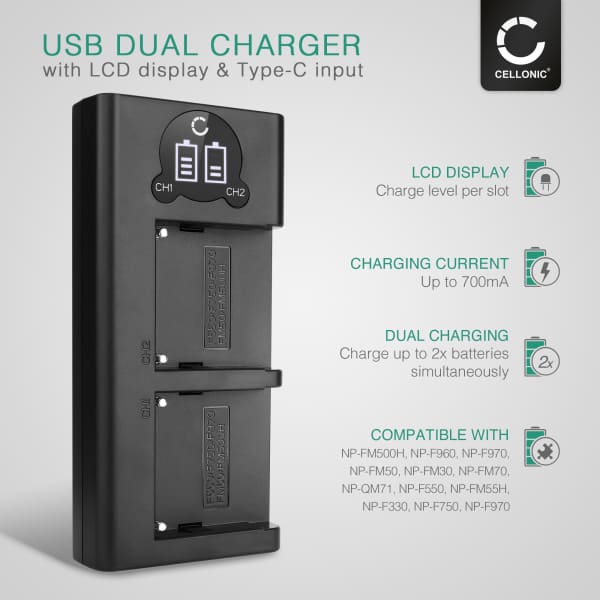 USB Dual Charger (NP-FM50 NP-QM91) for Sony CCD-TVR118 CCD-TRV138 HDR-HC1 GV-D1000 HDR-SR1 DCR-PC100 DCR-TRV350 DCR-TRV460 + 1m USB Cable from CELLONIC