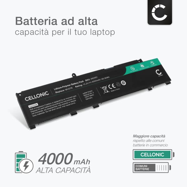 Batteria per portatile Dell G3 15 3500, G5 15 5500, Dell 266J9, 72WGV, MV07R ricambio per laptop 4000mAh 15.2V 