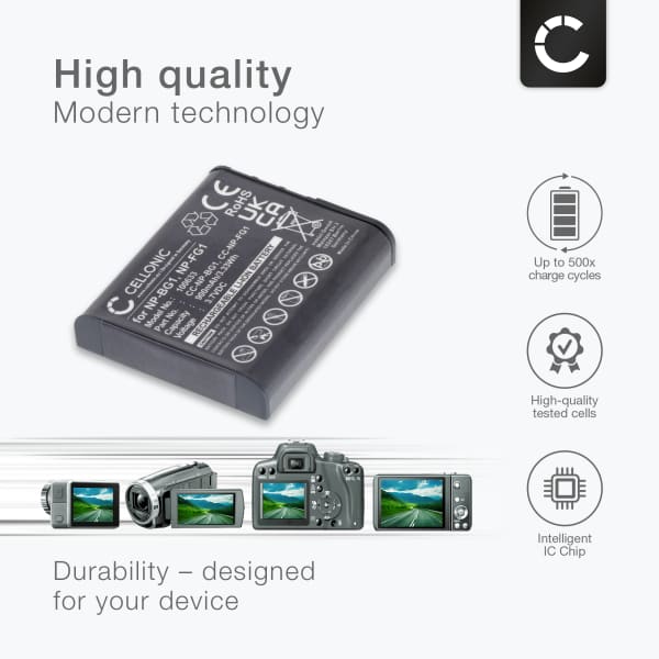 Akku kameraan Sony Cybershot HX20V, HX9, HX30, HX10, HX30V, GW55, H90, HX7, NP-FG1, NP-BG1 - NP-BG1 NP-FG1 (900mAh, 3.7V) tuotemerkiltä CELLONIC
