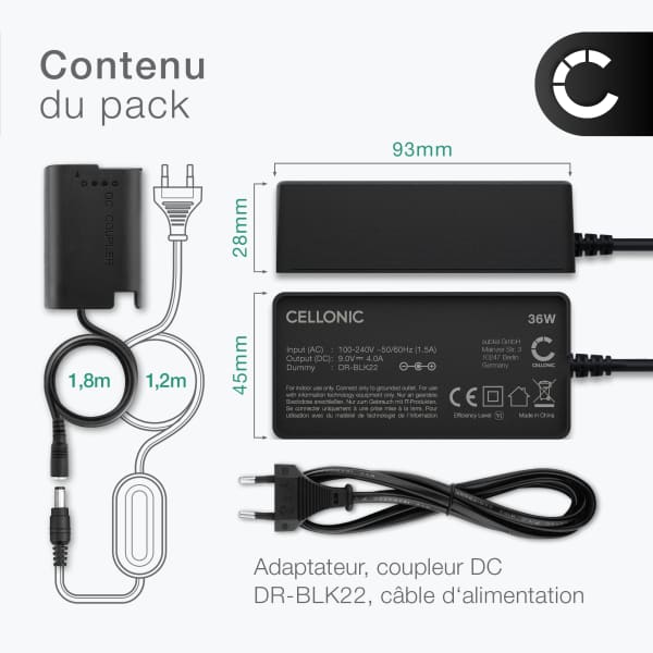 Chageur AC Panasonic Lumix DC-GH5 II DC-S5 G9 GH5 GH5S - Dummy Battery DMW-AC8 + DMW-DCC17 avec Câble de ca 3m de subtel
