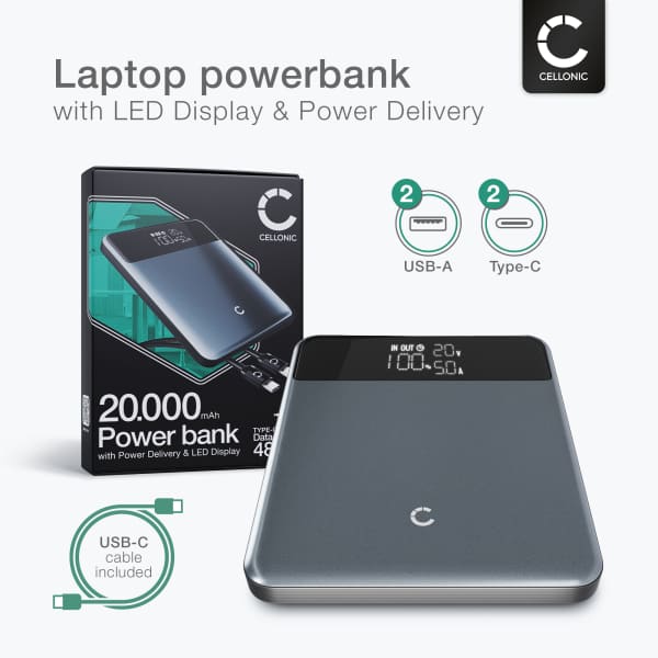 Litteä varavirtalähde 20000mAh tietokoneelle – 4 porttia, 100W, nopeasti lataava powerbank. 2 x USB-C ja & 2 x USB-A-liitäntä tietokoneille Dell, Macbook Pro, Lenovo, Acer jne.