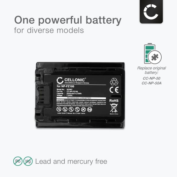 NP-FZ100 Battery for Sony A7 IV A7C A6600 A7S III Alpha A9