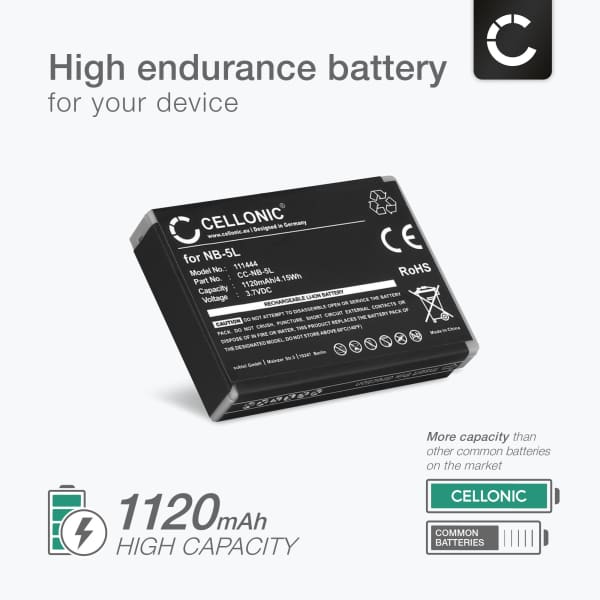 Akku kameraan Canon Powershot S100 S110 SX230 HS SX220 HS SX210 IS SX200 IS SD790 IS SD880 IS SD870 IS SD800 IS NB-5L - NB-5L (1120mAh, 3.7V) tuotemerkiltä CELLONIC