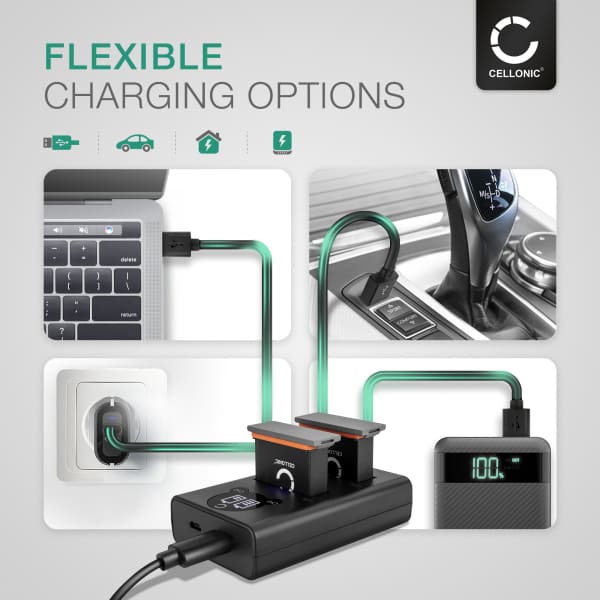 USB-kaksoislaturi (AB1, P01, PT1) DJI Osmo Action 1, CP.OS.00000020.01-laitteille + 1m + USB Kaapeli valmistajalta CELLONIC