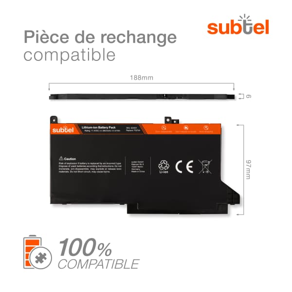 Batterie pour Dell Latitude 12 7490, 7480, 7280, 7000, 700, Dell DJ1J0, PGFX4 11.4V 3600mAh de subtel