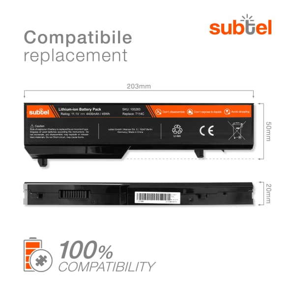Akku tietokoneeseen Dell Vostro 1510, 1320, 1520, 1310, 2510, 1511, K738H, N956C, PP36L, PP36S, T114C - 11.1V 4400mAh tuotemerkiltä subtel