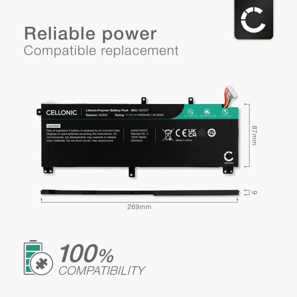 Battery for Dell XPS 15 9530, Precision M3800, TOTRM, 245RR, 7D1WJ, T0TRM 11.1V 4000mAh from CELLONIC
