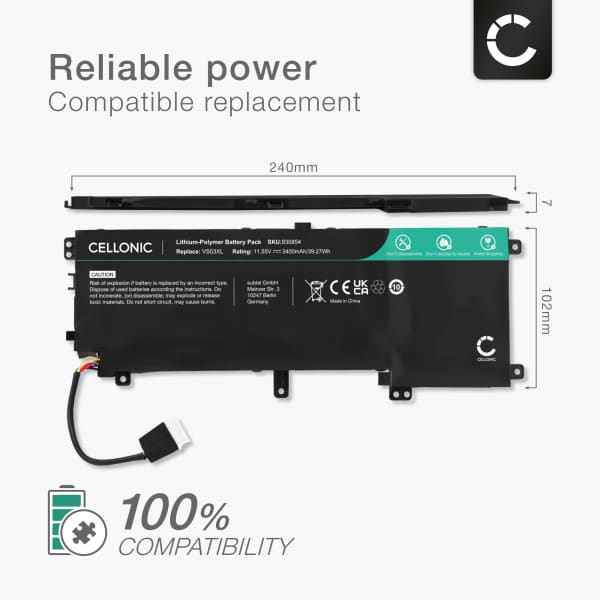 Akku tietokoneeseen HP Envy 15-AS, HP VS03XL - 11.55V 3400mAh tuotemerkiltä CELLONIC