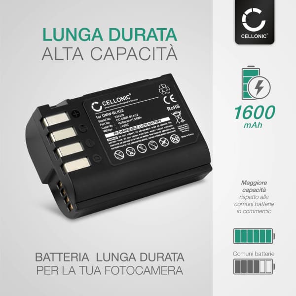 2x Batteria DMW-BLK22 per fotocamera Panasonic Lumix DC-GH5 II DC-GH6 DC-S5 G9 GH5 GH5S Affidabile ricambio da 1600mAh, marca CELLONIC + Caricabatteria