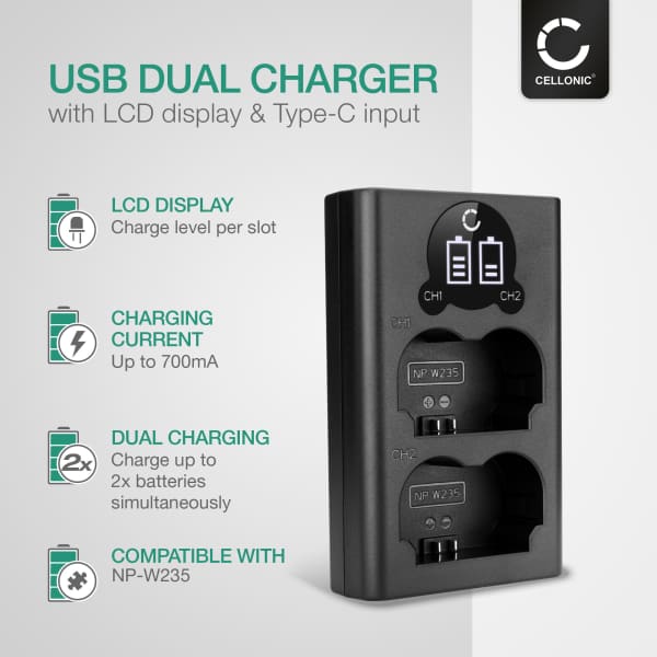 USB Dual Charger (NP-W235) for FujiFilm X-T4 / GFX 50S II / GFX100S / X-H2S + 1m + USB Cable from CELLONIC