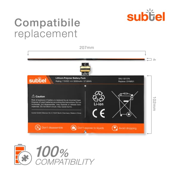 Battery for Microsoft Surface Pro 4, G3HTA027H, DYNR01 7.5V 5050mAh + Tool-kit from subtel