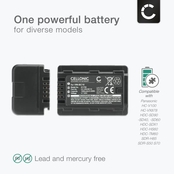 Akku kameraan Panasonic HC-VX870, HDC-SD40, HC-V700, HC-V500, HC-V100, HC-V250, HC-V210 - VW-VBK180 VBK360 VW-VBL090 (1500mAh, 3.7V) tuotemerkiltä CELLONIC