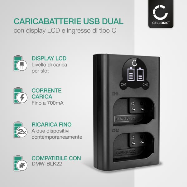 Caricatore USB doppio (DMW-BLK22) per Panasonic Lumix DC-GH5 II DC-GH6 DC-S5 G9 GH5S + 1m + Cavo USB di CELLONIC