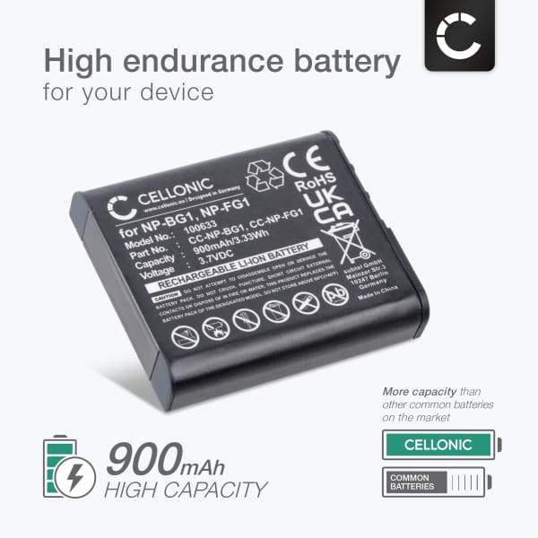 Akku kameraan Sony Cybershot HX20V, HX9, HX30, HX10, HX30V, GW55, H90, HX7, NP-FG1, NP-BG1 - NP-BG1 NP-FG1 (900mAh, 3.7V) tuotemerkiltä CELLONIC