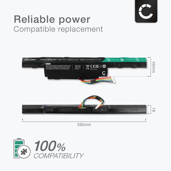 Battery for Acer Aspire E5-575, E5-573G, E5-575G, E5-573, E5-573G, E5-575TG, E5-573T, E5-774, Travelmate P259-G2-M, P259-G2-MG, AS16B5J, AS16B8J 10.8V 4400mAh from CELLONIC