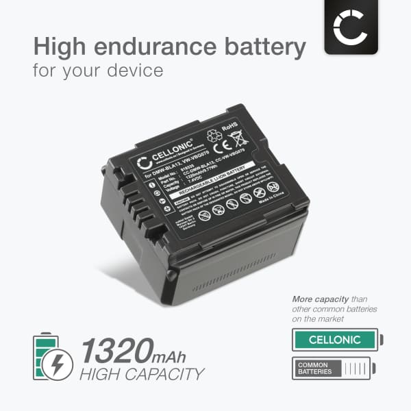 2x Battery for Panasonic HDC-SD100, HDC-SD10, -SD707, -SD600, HDC-TM700, Lumix DMC-L10 1320mAh from CELLONIC